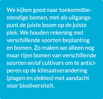 We kijken goed naar toekomstbestendige bomen, met als uitgangspunt de juiste boom op de juiste plek. We houden rekeni...