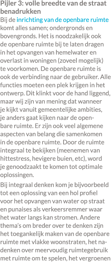 Pijler 3: volle breedte van de straat benadrukken Bij de inrichting van de openbare ruimte komt alles samen; ondergro...