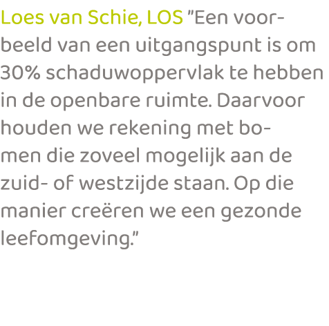 Loes van Schie, LOS ”Een voorbeeld van een uitgangspunt is om 30% schaduwoppervlak te hebben in de openbare ruimte. D...