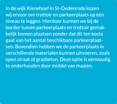 In de wijk Kienehoef in St Oedenrode kozen wij ervoor om trottoir en parkeerplaats op  n niveau te leggen. Hierdoor ...