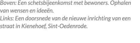 Boven: Een schetsbijeenkomst met bewoners. Ophalen van wensen en idee n. Links: Een doorsnede van de nieuwe inrichtin...