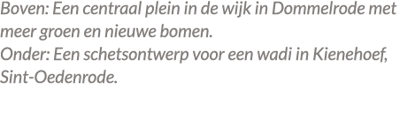 Boven: Een centraal plein in de wijk in Dommelrode met meer groen en nieuwe bomen. Onder: Een schetsontwerp voor een ...