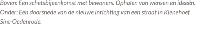 Boven: Een schetsbijeenkomst met bewoners. Ophalen van wensen en idee n. Onder: Een doorsnede van de nieuwe inrichtin...