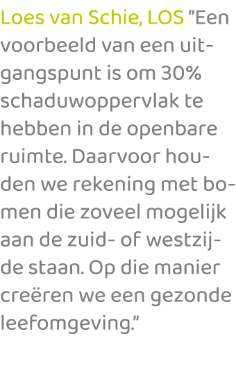 Loes van Schie, LOS ”Een voorbeeld van een uitgangspunt is om 30% schaduwoppervlak te hebben in de openbare ruimte. D...