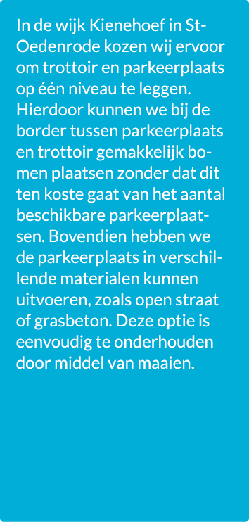 In de wijk Kienehoef in St Oedenrode kozen wij ervoor om trottoir en parkeerplaats op  n niveau te leggen. Hierdoor ...
