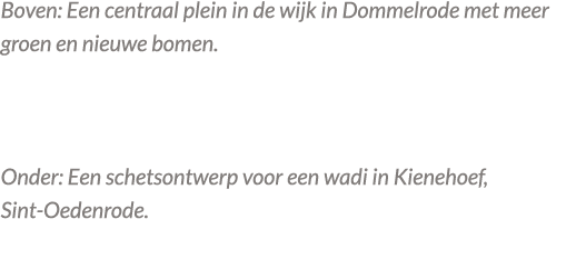 Boven: Een centraal plein in de wijk in Dommelrode met meer groen en nieuwe bomen. Onder: Een schetsontwerp voor een ...